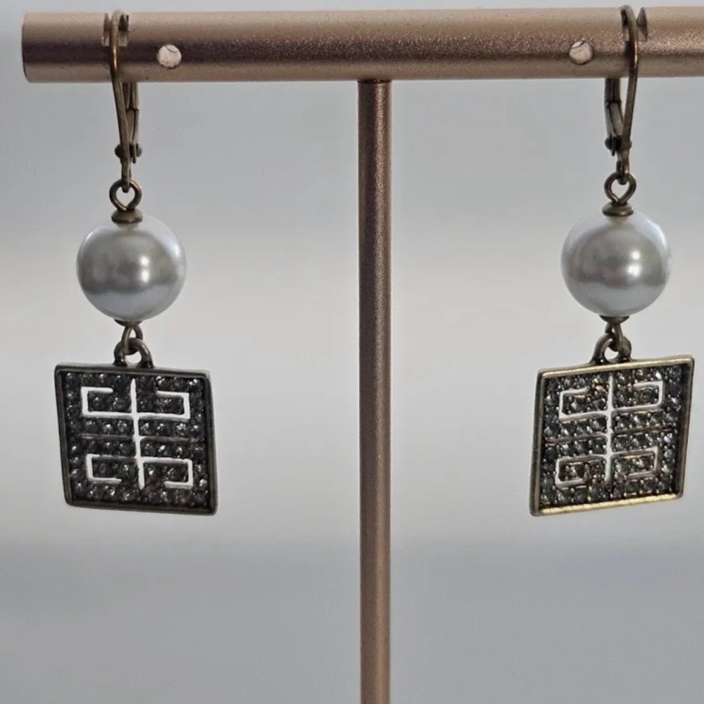Givenchy Vintage Gold Tone Faux Pearl Drop Earrings with pave pattern logo - Picture 4 of 5